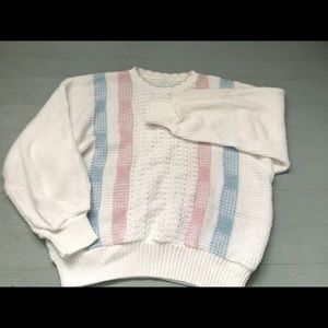 White, pastel pink and blue slouchy knit sweater